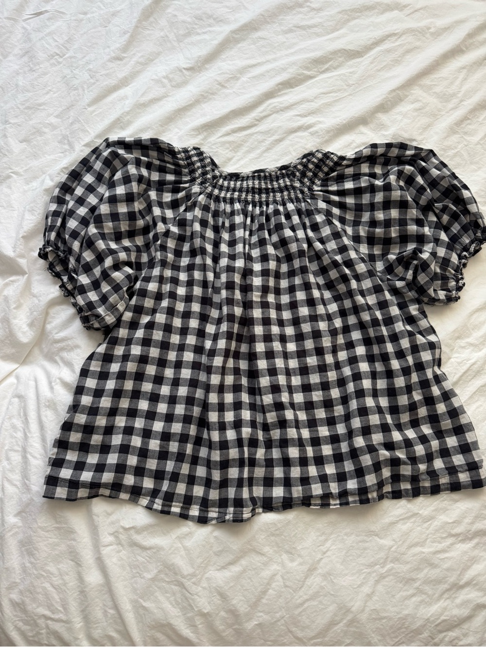 Gingham Shirred Puff-Sleeve Sleep Top from The Great - Black & White - Picture 3 of 5